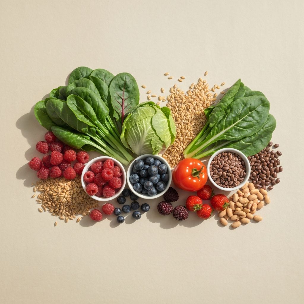 Various nutrient-dense foods including vegetables, fruits, and legumes